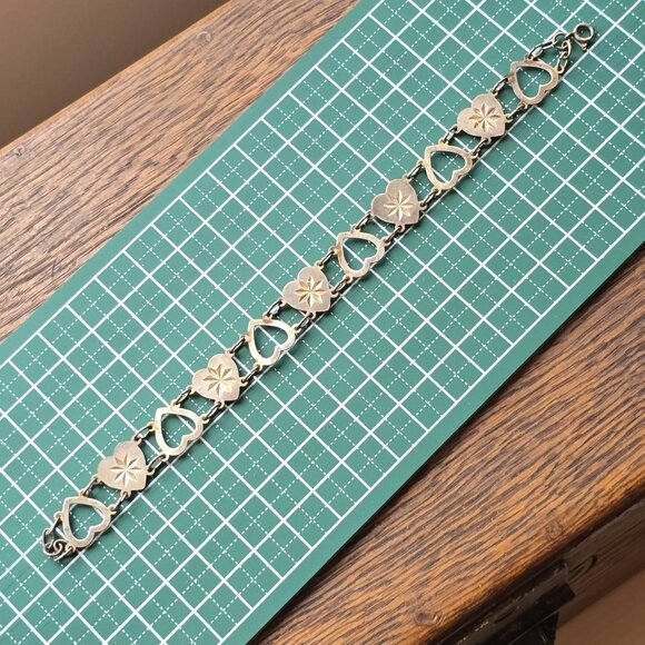 Vintage 1970s sterling silver Starburst Heart-link bracelet - Picture 5 of 6